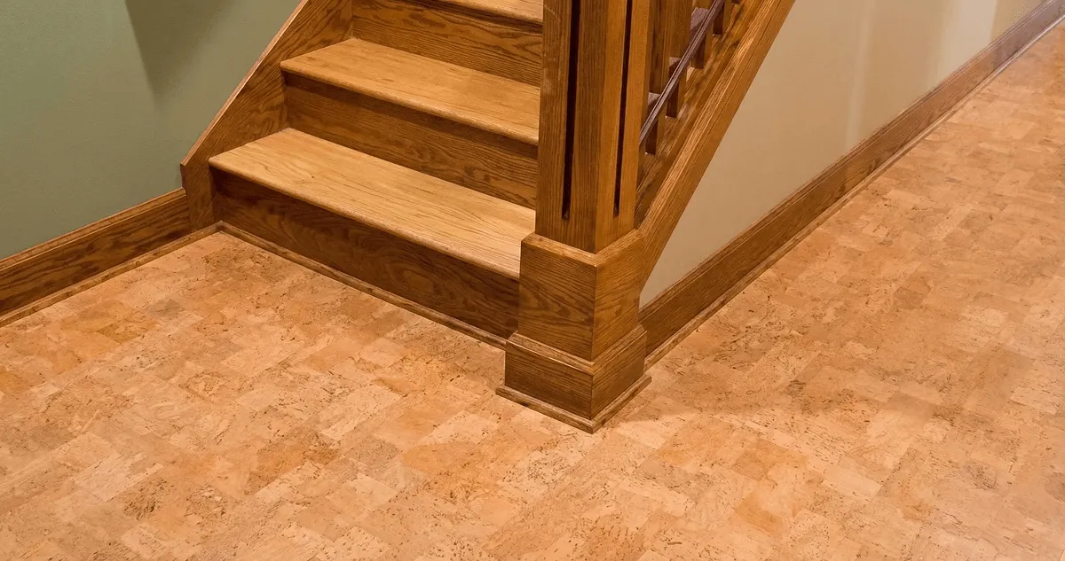 End of a staircase with cork flooring in Stamford, CT
