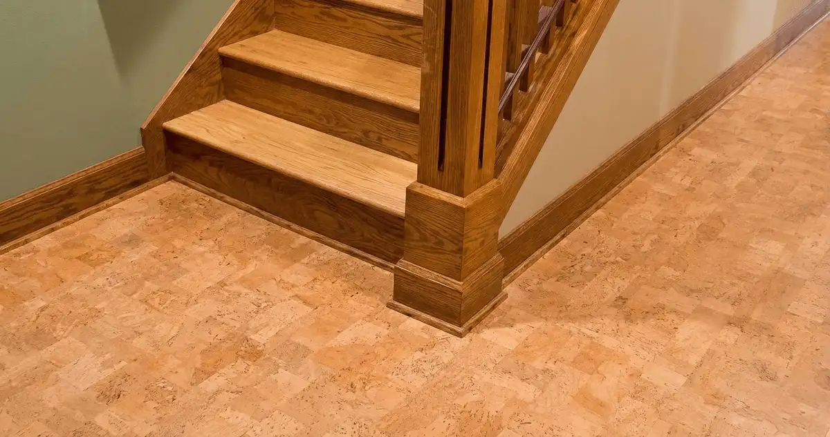 End of a staircase with cork flooring in Stamford, CT