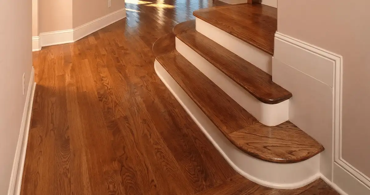 Base floor of a staircase with professionally restored wood flooring in Stamford CT
