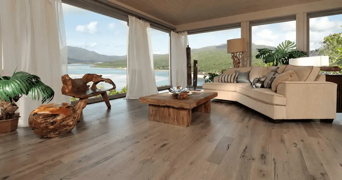 Professionally installed vinyl flooring in a modern living room with large windows in Stamford, CT